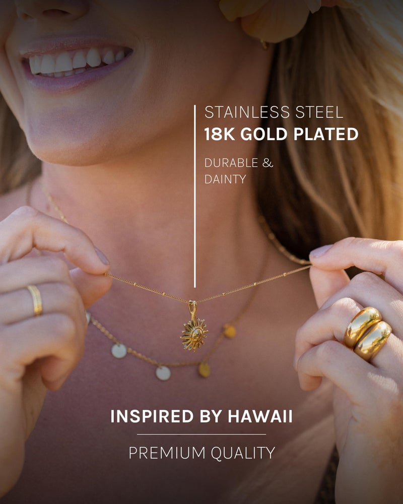 PureleiÂ® Sun Necklace: Waterproof & Adjustable, Chain with sun pendant, 20 to 22 inch adjustable length, 18K Gold plated stainless steel - Image 3